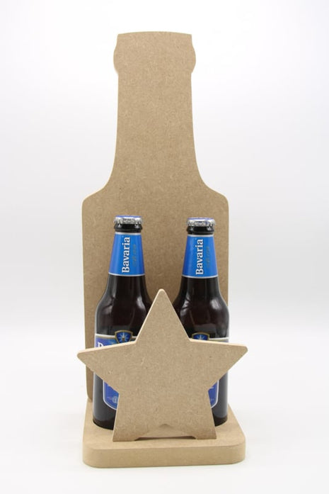 Houten Bierfles Houder voor 2 Flesjes – MDF 18mm – Met Ster – DIY Cadeau Vaderdag of Man – Ongeschilderd en Zonder Accessoires