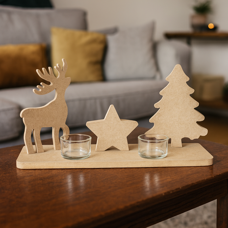 Theelichthouder Kerst Groot – MDF 12 mm | Inclusief 2 Glazen Houders | Rendier, Ster & Kerstboom