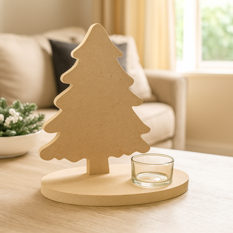 Theelichthouder Kerstboom van MDF – 12 mm | Inclusief Glazen Houder | DIY Houten Kerstdecoratie