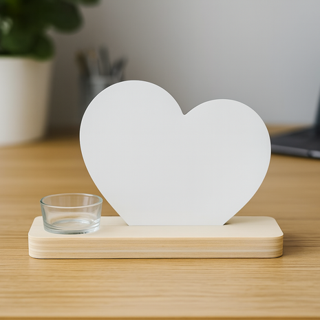 Blanco Populierenhouten Plankje met Theelichthouder en MDF Hart