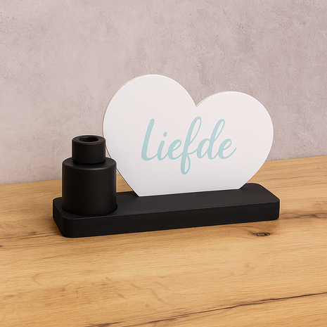 Sublimatie Hart met Zwart Vaasje – Houten Plankje 18mm Multiplex – Hart met Glanzende Witte Toplaag – Perfect voor Cadeau of Decoratie