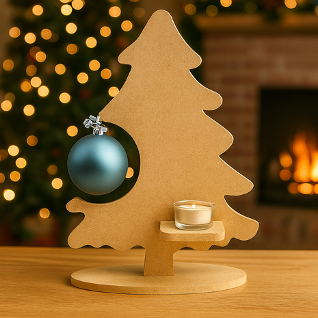 MDF Kerstboom met Plankje Exclusief Kerstbal en waxinelichtje – Voor Kerstbal en Waxinelichtje (33x25cm) *niet voor sublimatie*
