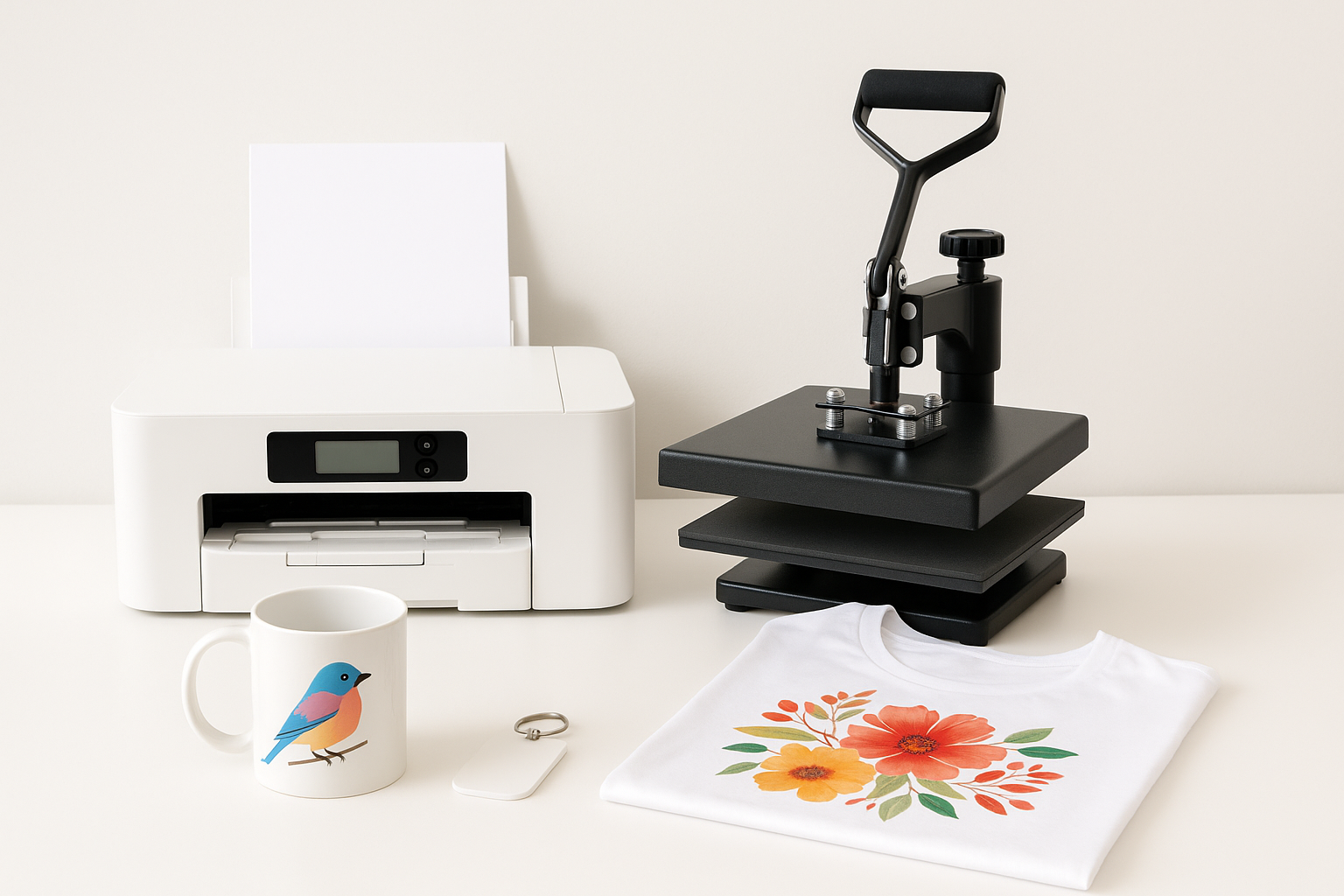 printer bedrukker t shirt en mok op 1 foto
