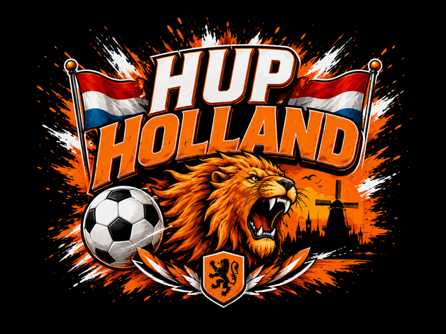 Hup holland met leeuw en voetbal