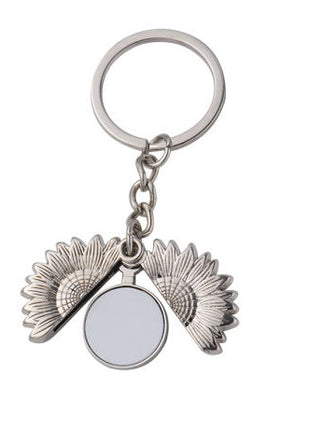 Metalen Sleutelhanger Sunflower voor Sublimatie – Zilver/Wit Glans (incl. plakplaatje & tape)