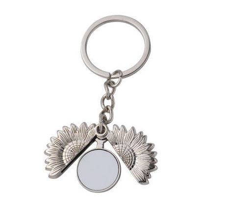 Metalen Sleutelhanger Sunflower voor Sublimatie – Zilver/Wit Glans (incl. plakplaatje & tape)