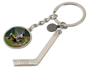 Luxe Metalen Hockey Sleutelhanger met Foto-Inzet – Zilver/Wit Glans