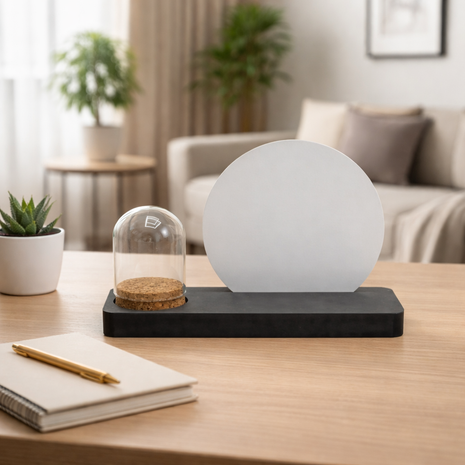 Plankje zwart mdf sublimatie cirkel met glazen globe en kurkstop