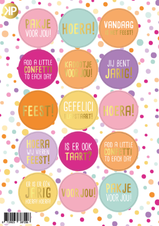 A5-stickervel Confetti Feest met diverse feestelijke stickers en luxe goudfolie