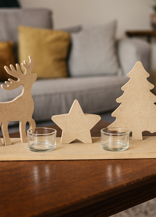 Theelichthouder Kerst Groot – MDF 12 mm | Inclusief 2 Glazen Houders | Rendier, Ster & Kerstboom