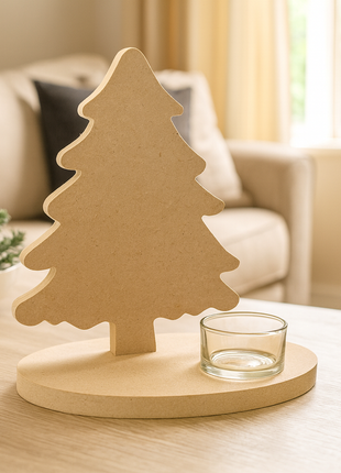 Theelichthouder Kerstboom van MDF – 12 mm | Inclusief Glazen Houder | DIY Houten Kerstdecoratie
