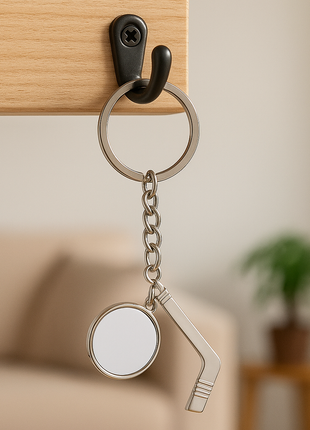 Luxe Metalen Hockey Sleutelhanger met Foto-Inzet – Zilver/Wit Glans