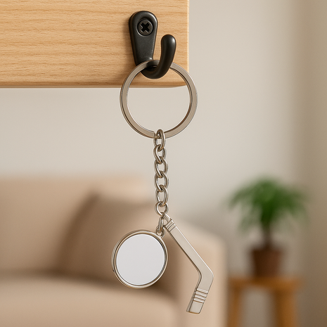 Luxe Metalen Hockey Sleutelhanger met Foto-Inzet – Zilver/Wit Glans