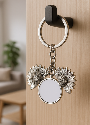 Metalen Sleutelhanger Sunflower voor Sublimatie – Zilver/Wit Glans (incl. plakplaatje & tape)