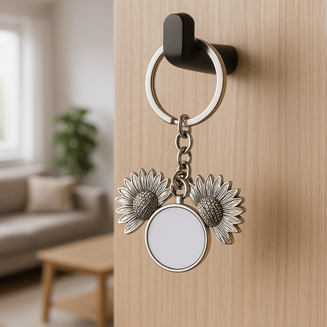 Metalen Sleutelhanger Sunflower voor Sublimatie – Zilver/Wit Glans (incl. plakplaatje & tape)