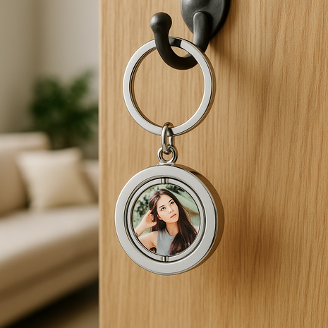 Metalen Sleutelhanger Roterend Dubbelzijdig voor Sublimatie – Zilver/Wit Glans (incl. plakplaatjes & tape)