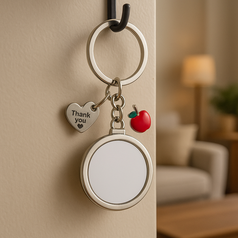 Metalen Sleutelhanger Leerkracht voor Sublimatie – Zilver/Wit Glans (incl. plakplaatje & tape)