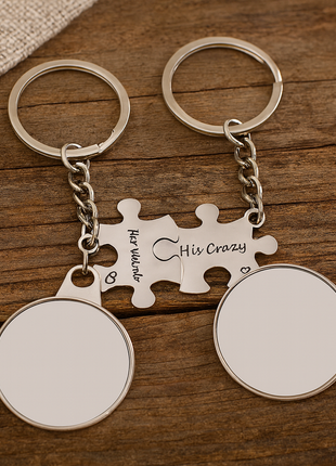 Dubbele Metalen Sleutelhanger Puzzel voor Sublimatie – Zilver/Wit Glans (incl. plakplaatjes & tape)
