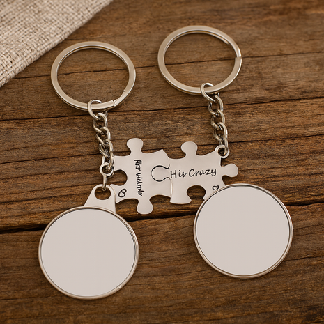 Dubbele Metalen Sleutelhanger Puzzel voor Sublimatie – Zilver/Wit Glans (incl. plakplaatjes & tape)