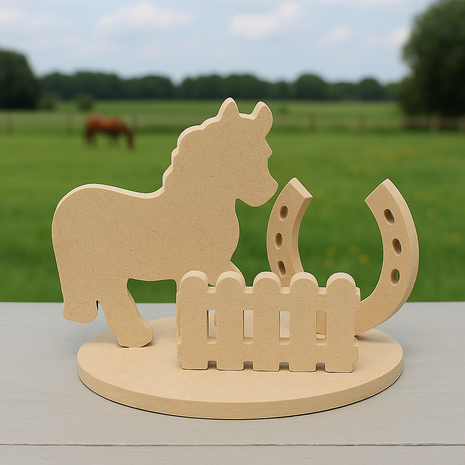 Themafiguur Paard van MDF – 9mm Hout – Zelf in Elkaar te Zetten – Decoratie Paard met Hoefijzer en Hekje – DIY Houten Knutselproject