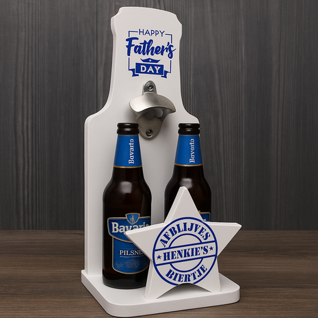 Houten Bierfles Houder voor 2 Flesjes – MDF 18mm – Met Ster – DIY Cadeau Vaderdag of Man – Ongeschilderd en Zonder Accessoires