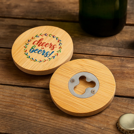 Bamboe Ronde Flesopener Ø 8 cm voor Sublimatie – Metaal & Bamboe