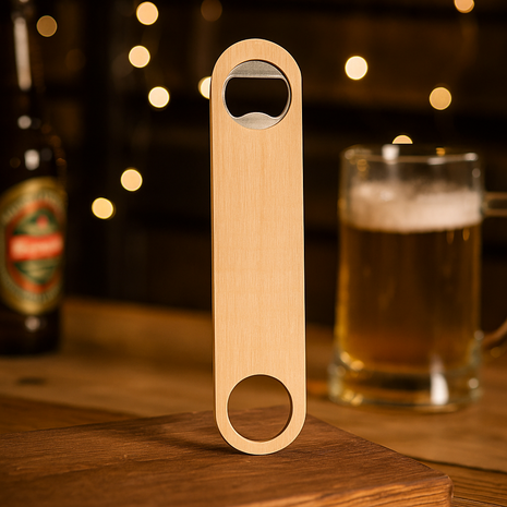Roestvrijstalen en Houten Flesopener voor Sublimatie – 4 x 17,8 cm – Metaal & Multiplex