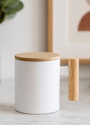 Mok 330 ml met Houten Handvat en Bamboe Deksel – Voor Sublimatie