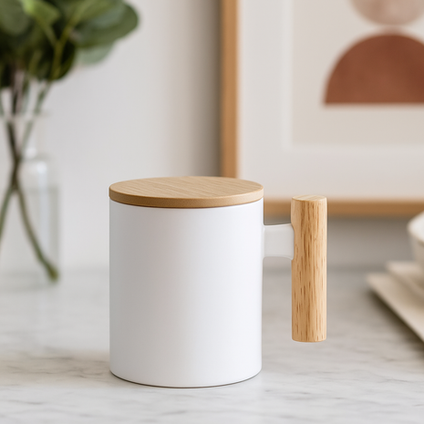 Mok 330 ml met Houten Handvat en Bamboe Deksel – Voor Sublimatie