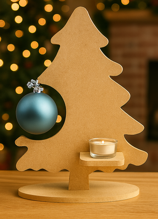 MDF Kerstboom met Plankje Exclusief Kerstbal en waxinelichtje – Voor Kerstbal en Waxinelichtje (33x25cm) *niet voor sublimatie*