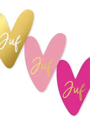 Set van 20 hartvormige Juf-stickers van 35 × 44 mm