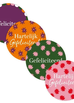 Set van 20 ronde Gefeliciteerd stickers van 40 mm in paars, oranje, groen en roze
