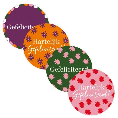 Set van 20 ronde Gefeliciteerd stickers van 40 mm in paars, oranje, groen en roze