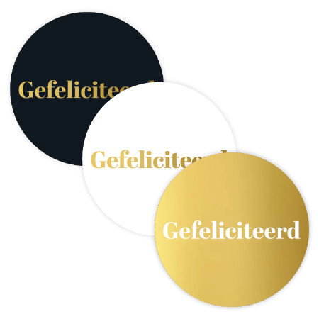 Set van 20 ronde Gefeliciteerd stickers van 50 mm in drie varianten met wit, zwart en goud