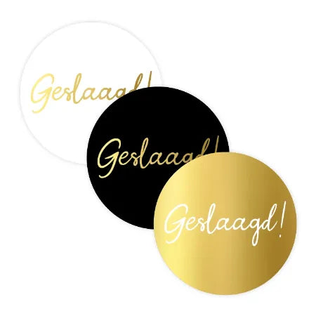 Set van 20 ronde Geslaagd stickers van 40 mm in drie kleurrijke varianten