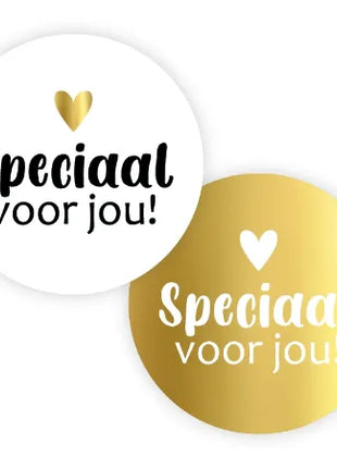 Set van 20 ronde Speciaal voor jou stickers van 50 mm in twee wit-gouden varianten