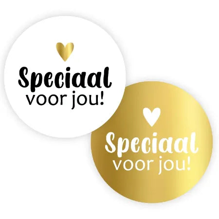 Set van 20 ronde Speciaal voor jou stickers van 50 mm in twee wit-gouden varianten