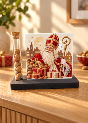 Sublimatietegel 15 × 15 cm met zwarte houder en glazen buisje