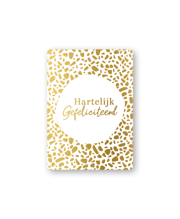 Wit A7-cadeaukaartje Hartelijk gefeliciteerd met goudfolie en afgeronde hoeken