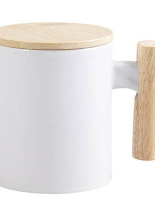 Mok 330 ml met Houten Handvat en Bamboe Deksel – Voor Sublimatie