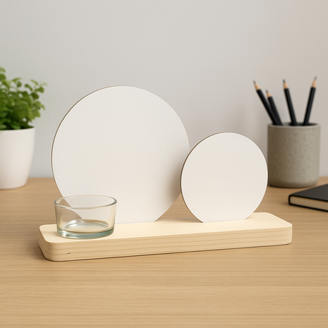 groot plankje met theelichthouder en twee mdf sublimatie cirkels