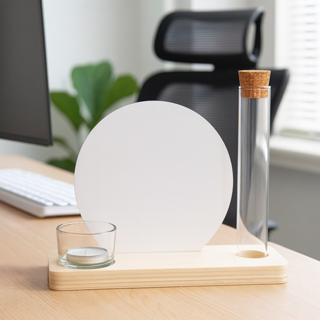 populierenhouten plankje met buisje theelichthouder en mdf sublimatie cirkel