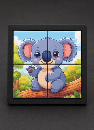 Sublimatie tegel puzzel met 4 keramische tegels in zwarte houder bedrukt met koala design