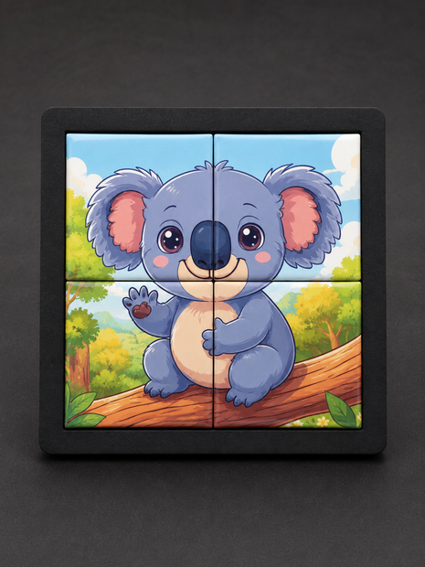 Sublimatie tegel puzzel met 4 keramische tegels in zwarte houder bedrukt met koala design
